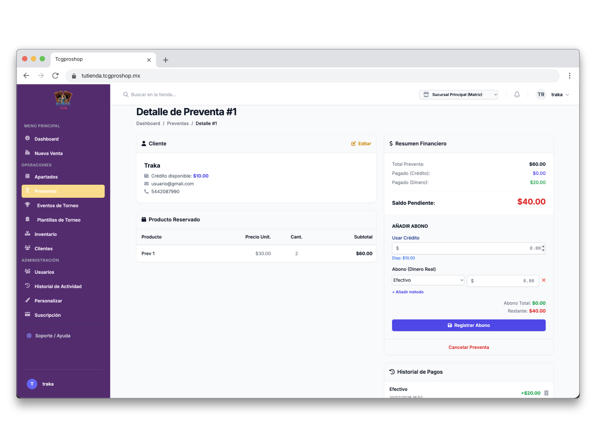 Pantalla de Apartados